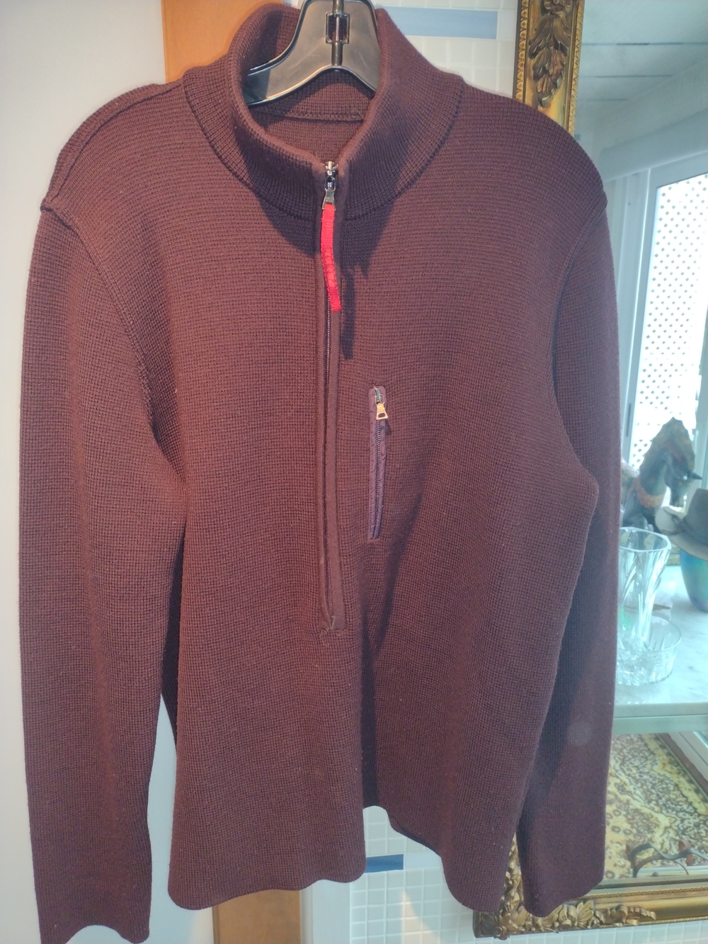 Prada Men's Zip Pullover Sweater in Dark Brown with Red Zip Pull